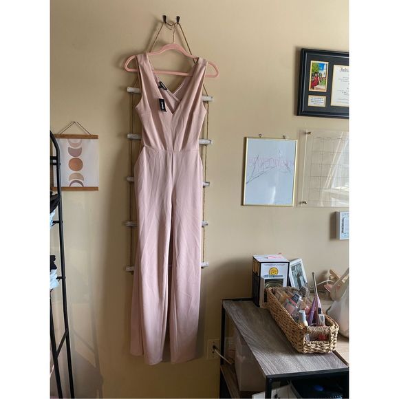 Express Light Pink Medium Jumpsuit V Neck Cross Back Knit Wide Leg Flare Jumpsui - Picture 3 of 8